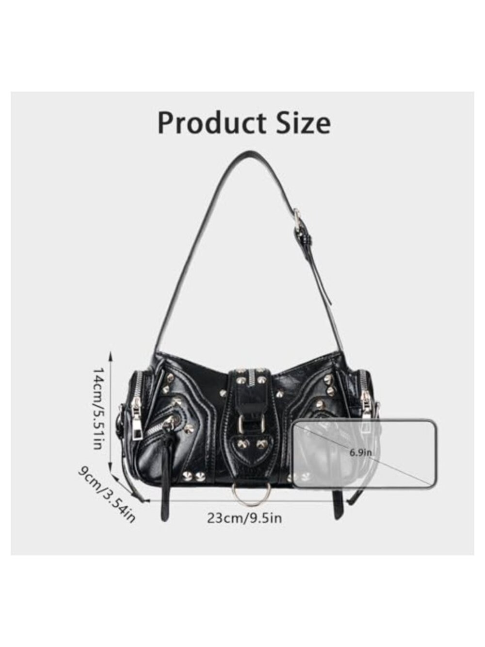 Y2K Studded Buckle Shoulder Bag Vegan PU Leather Goth Mini Purse - Picture 5 of 6